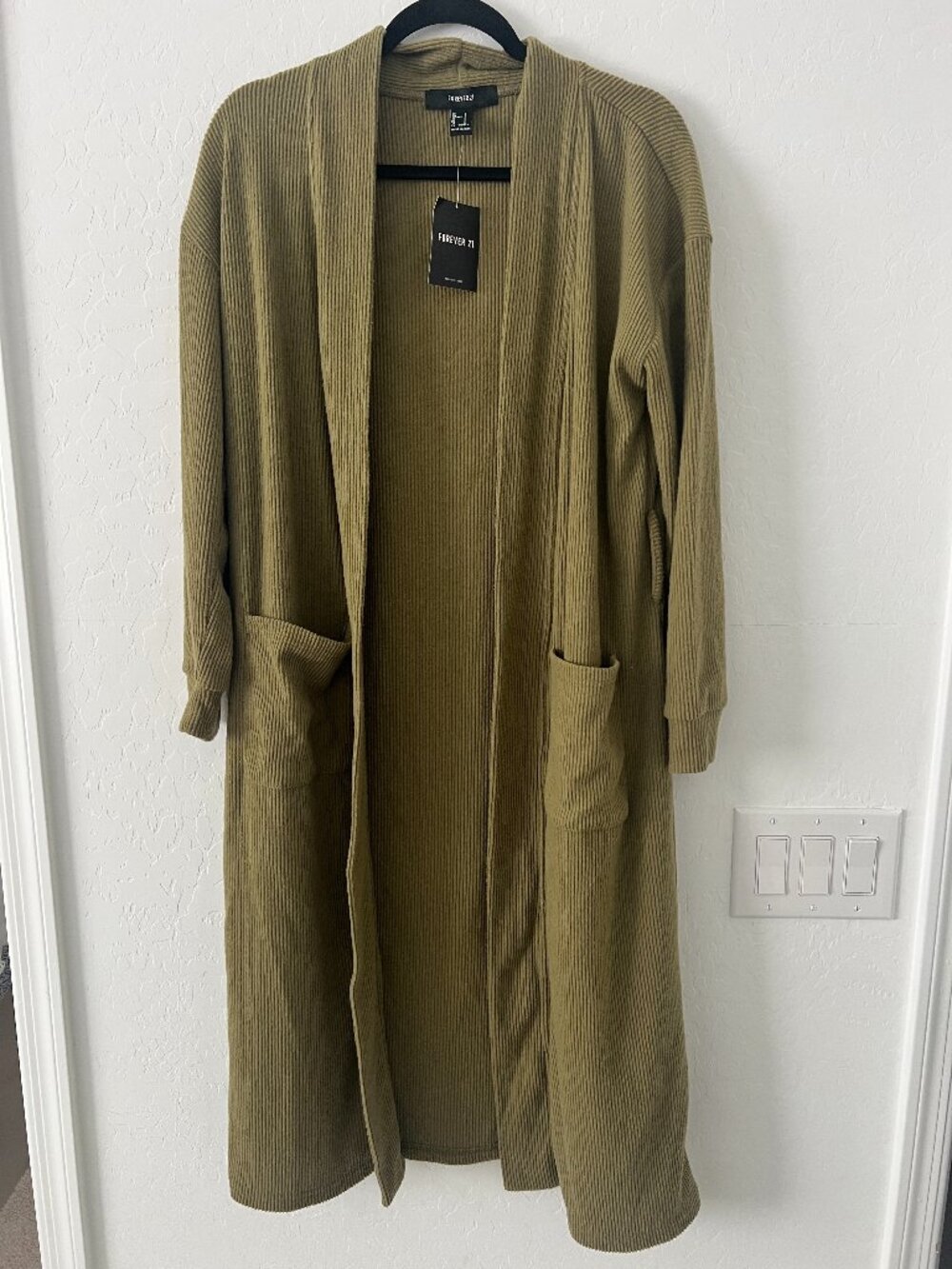 Forever 21 Olive Green Ribbed Duster Cardigan Womens Small Long Open Front Cozy